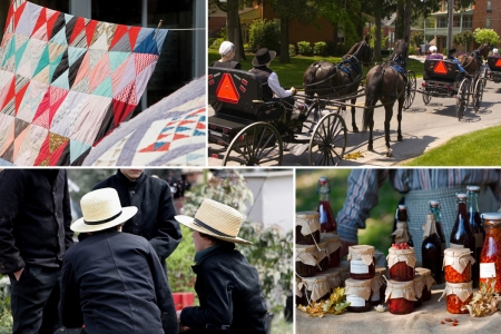 What do the Amish do for fun? Collage of amish people making quilts, riding their buggies, socially interacting, and canning